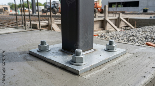 Close up of heavy duty steel post base plate anchor. Galvanized bolts securing metal column to concrete foundation
