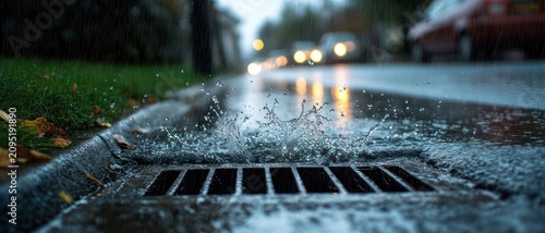 Rainwater splashing into a street drain grate at a wet curb with blurred car headlights and reflections, a moody rainy evening urban scene