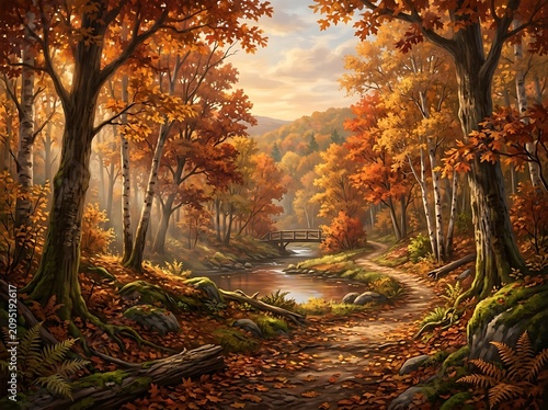 Autumn forest landscape with a serene river and winding dirt path through trees with vibrant orange and yellow leaves