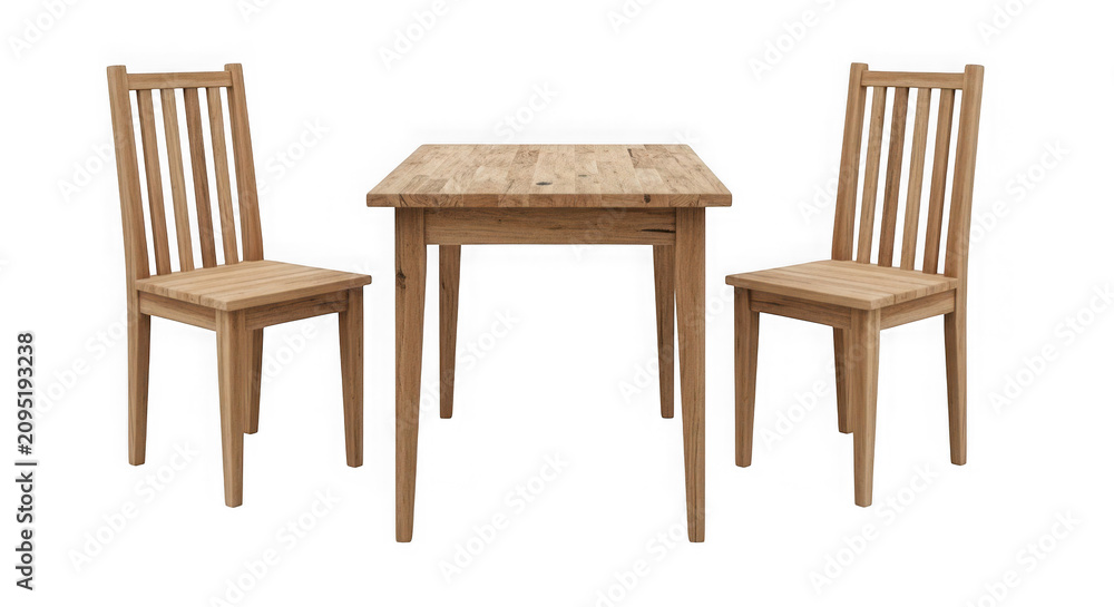Fototapeta premium Wooden dining table set with two chairs isolated on transparent background.