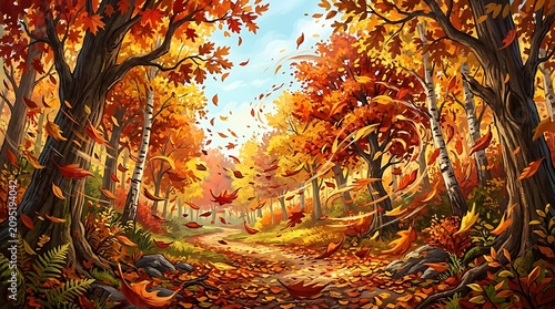 Autumn forest landscape with vibrant orange and yellow leaves on trees and ground with sunny blue sky