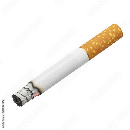 Burning cigarette with filter isolated on simple clean transparent surface.