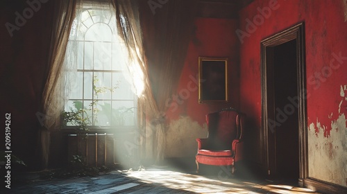 An Intimate, old Red room with a vintage chair bathed in soft light