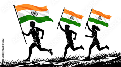 Indian people running with national flags.