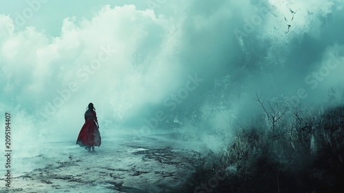 A solitary woman in red walking through a mist-shrouded landscape