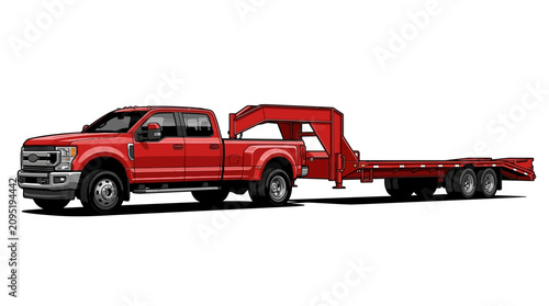 Red pickup truck with flatbed trailer.