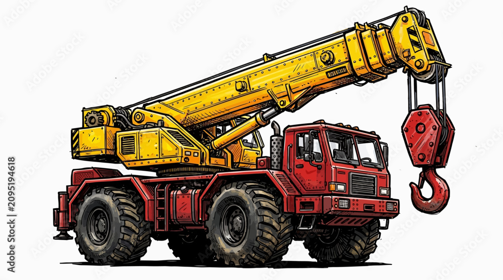 Obraz premium A red and yellow truck mounted crane.
