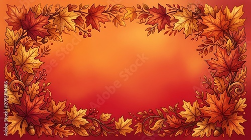 Vibrant autumn leaves frame a warm gradient orange backdrop for seasonal designs and messages
