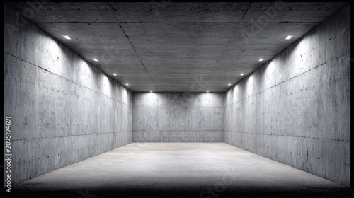 Interior space illuminated by recessed ceiling lights within raw concrete structure