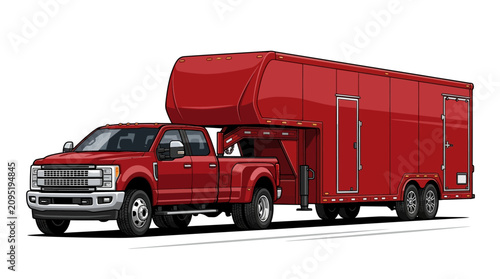 A red pickup truck pulls a large red horse trailer on a road outdoors.