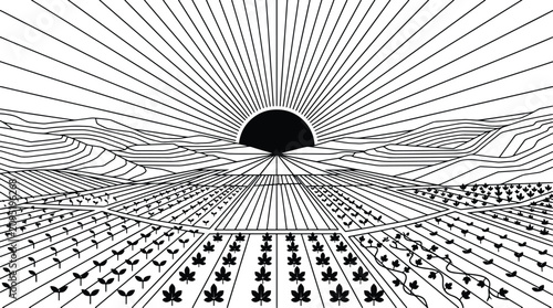 Black and white line art illustration of a sunset over an agricultural field with crop rows leading to the horizon agriculture landscape illustration countryside cultivation monochrome