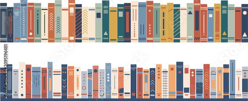 Schilderij op canvas Collection of colorful old library books arranged in neat rows on bookshelves fo