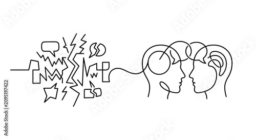 Communication Breakdown: Two Heads Connected by Tangled Lines, Representing Misunderstanding and Conflict