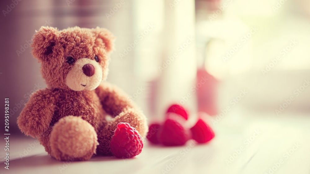 Fototapeta premium Soft brown plush toy sits beside bright red berries with a light background