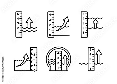 Minimal Water Level Rise Illustration Set with Measuring Ruler and Upward Arrows Vector