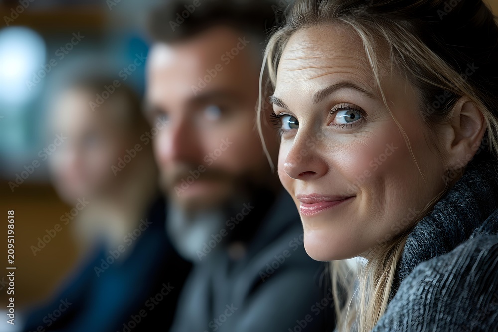 Fototapeta premium Middle-aged woman with blonde hair smiling at camera in indoor setting with blurred colleagues in background. Suitable for corporate, business, teamwork, and professional workplace concepts.