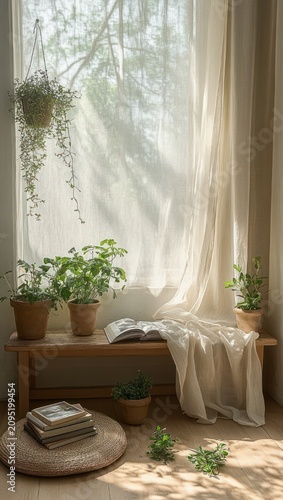 sunlit window bench with sheer curtains, potted and hanging plants, open book, draped linen and stacked books creating a calm cozy morning reading nook