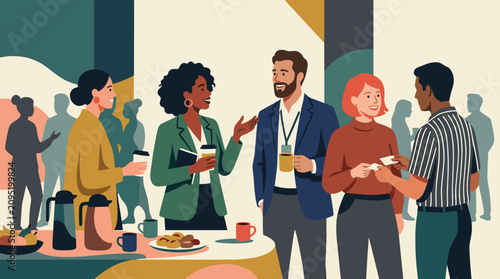 Diverse group of professionals networking and discussing ideas at a business conference or event with coffee and snacks