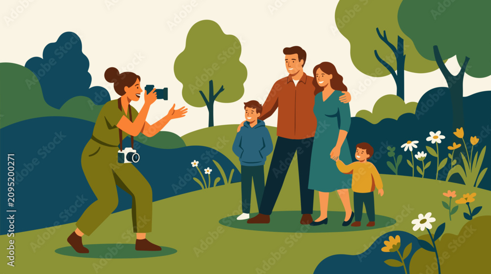 Fototapeta premium Professional Photographer Captures Cherished Family Portrait Outdoors Amidst Lush Greenery and Blooming Flowers