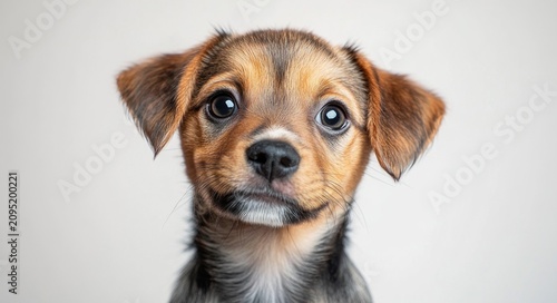 small brown and black dog with perky ears and neck visible, face obscured by a square blur, attentive curious posture on plain white background