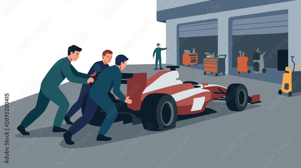 Fototapeta premium Race car pit crew pushing a Formula 1 car into the garage for maintenance and repairs after a race