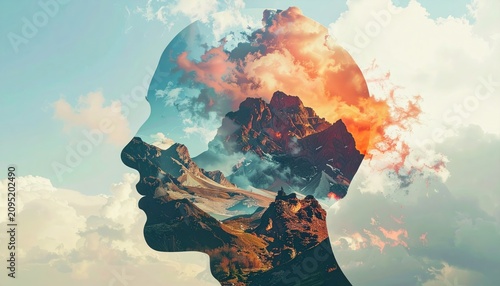 Silhouette of a Head with Mountain and Sky Double Exposure.