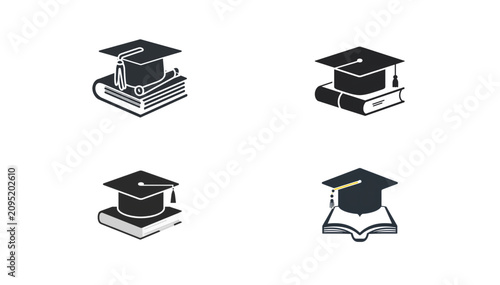 Set of academic graduation caps on stacked books and open book icon