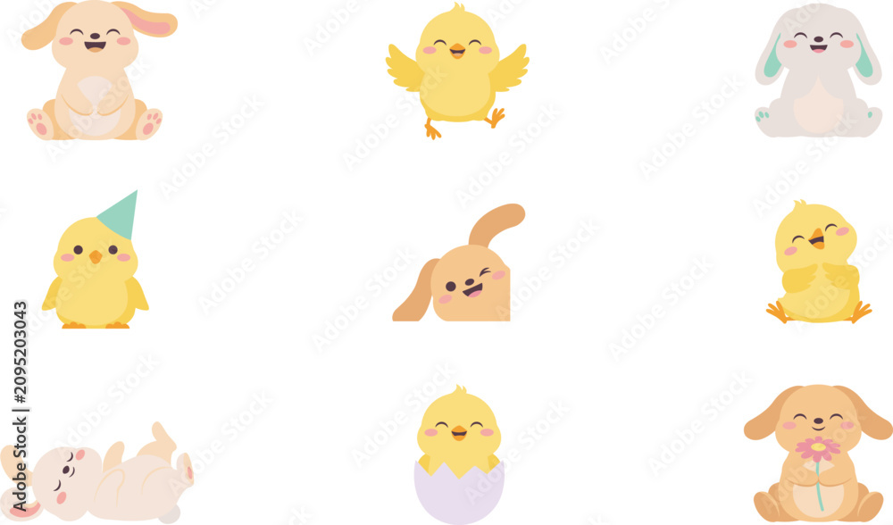 Obraz premium Cute Easter Bunny and Chick Character Vector Set with Happy Baby Animals Laughing, Wearing Party Hat, and Cheerful Spring Holiday Greeting Designs