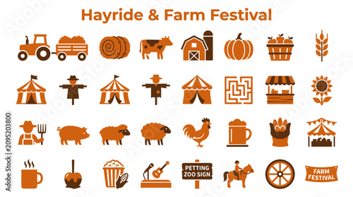 Quadro su tela Farm festival icons set hayride tractor pumpkin barn cow scarecrow sheep rooster