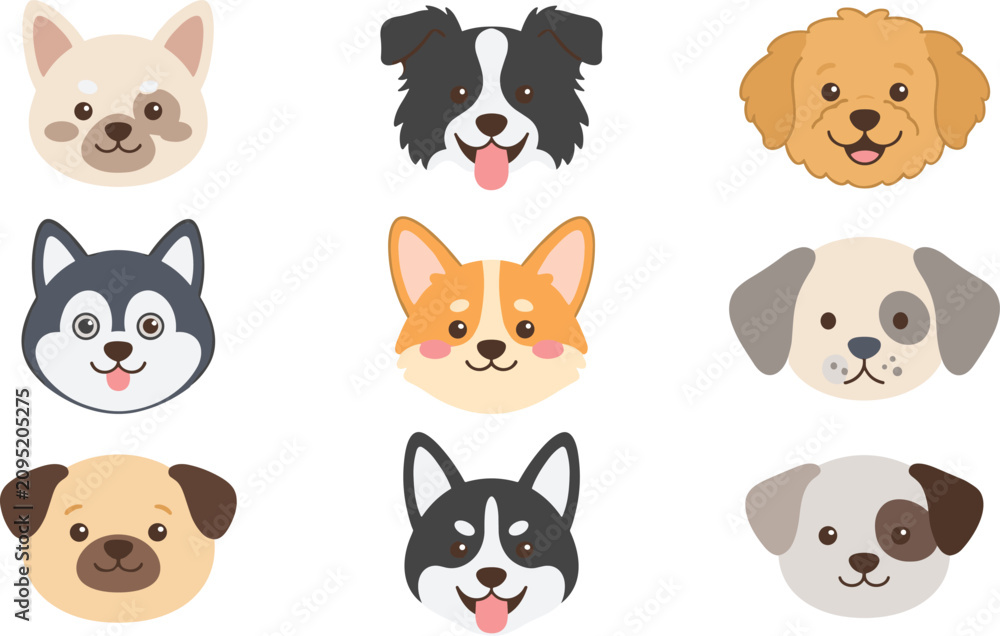 Fototapeta premium Cute Dog Breed Avatar Icon Set Featuring Flat Vector Illustrations of Husky Corgi Pug Poodle and Border Collie for Pet Shop Designs