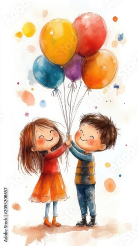 Two smiling children holding colorful balloons together in a joyful watercolor illustration