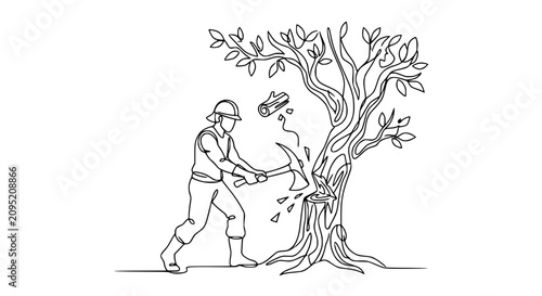 Photos Woodsman Chopping Tree with Axe, Continuous Line Art
