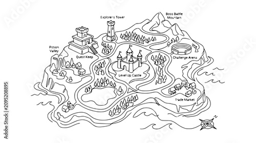Fantasy Game Map Island with Castle, Mountains, and Locations