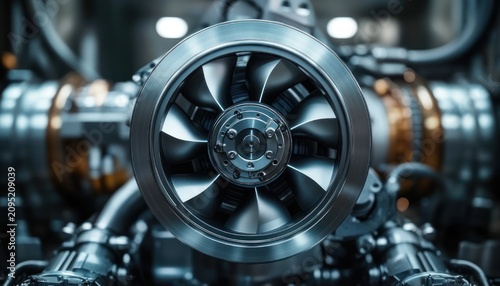 close-up of a polished metallic turbine fan and rotor hub with surrounding pipes, conveying precise high-tech industrial power and mechanical intensity
