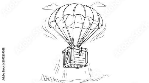 Fotografía Parachute delivering cargo crate to ground, line art illustration