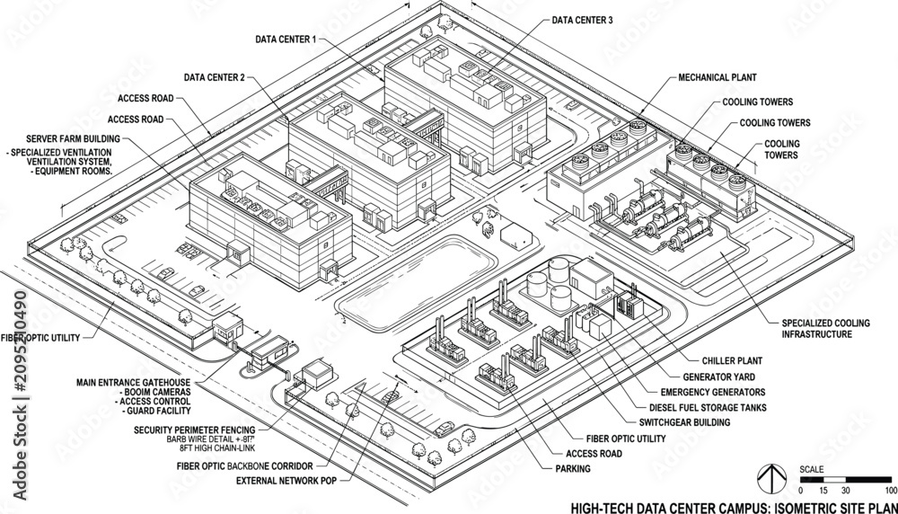 Obraz premium Isometric Site Plan of a High-Tech Data Center Campus Featuring Infrastructure Buildings and Utility Facilities