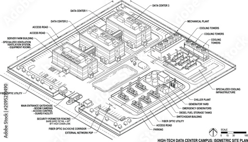 Isometric Site Plan of a High-Tech Data Center Campus Featuring Infrastructure Buildings and Utility Facilities