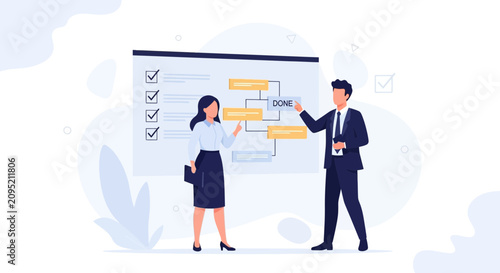 Business professionals planning project workflow on a board with checklist and flowchart elements, modern flat design, concept of teamwork and success.