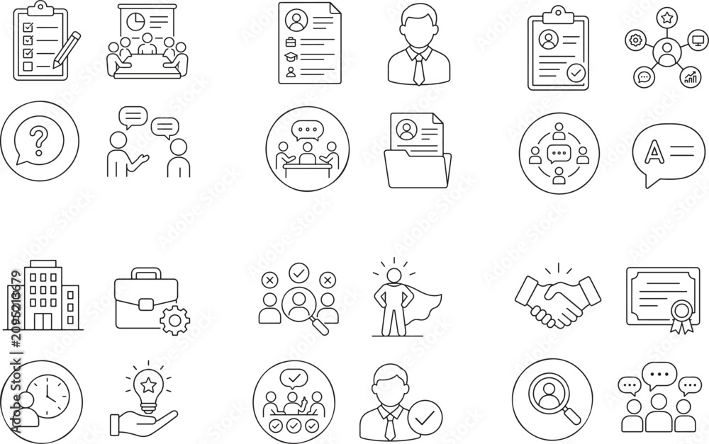 Fototapeta premium A collection of thin line icons representing business, human resources, management, and professional communication concepts.