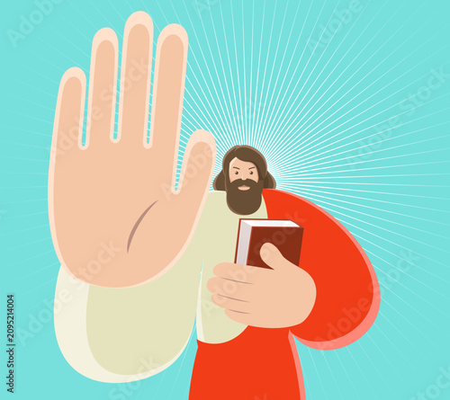 Slika na platnu Flat vector illustration of Jesus Christ holding a holy bible and showing a stop
