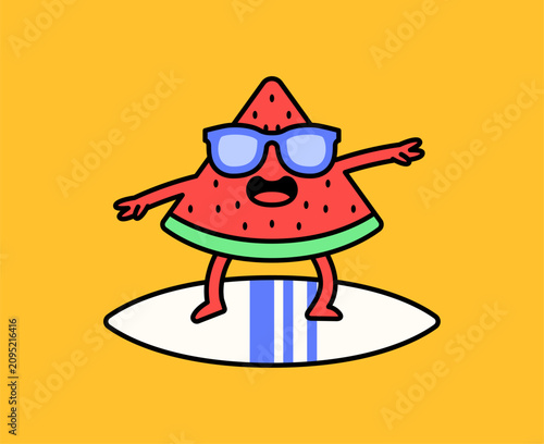 Sticker Cute watermelon surfing mascot wearing sunglasses illustration