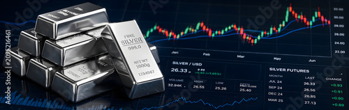 silver bars and stock market chart financial concept