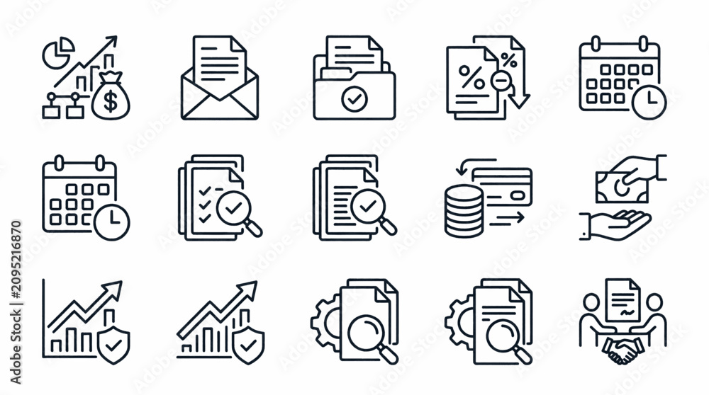 Fototapeta premium Collection of flat design icons representing various technology and communication concepts.