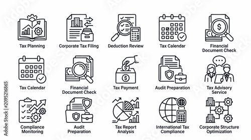 Collection of flat design icons representing various technology and office concepts.