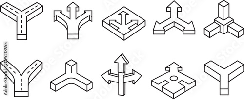Isometric junction and path icons set for business navigation