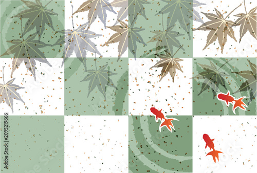 Obraz na płótnie Japanese Style Checkered Pattern with Maple Leaves and Goldfish