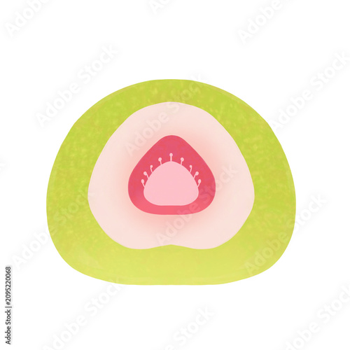 Japanese mochi dessert sprinkled with matcha, filled with cream and strawberry