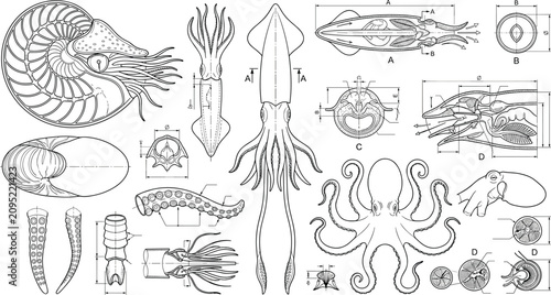 Technical CAD Drawing Set of Cephalopods Including Octopus, Squid, and Nautilus Marine Animals