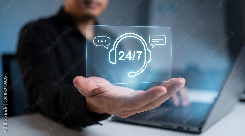 Obraz premium Professional businessman presenting glowing 24/7 customer support virtual screen with speech bubbles in modern office environment for digital communication and business assistance