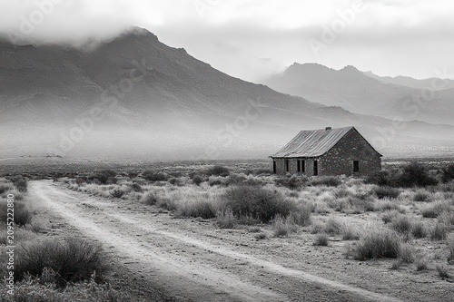 lonely stone cottage beside a winding dirt road in misty scrubland with rugged mountains and overcast sky, evoking solitude and quiet melancholy